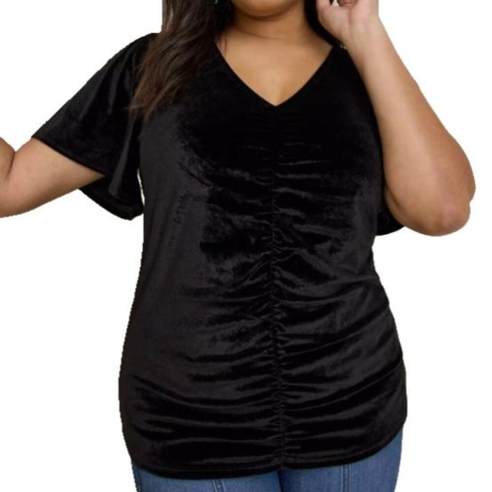 Torrid Stretch Velvet Shirred-Front Flutter Sleeve Top